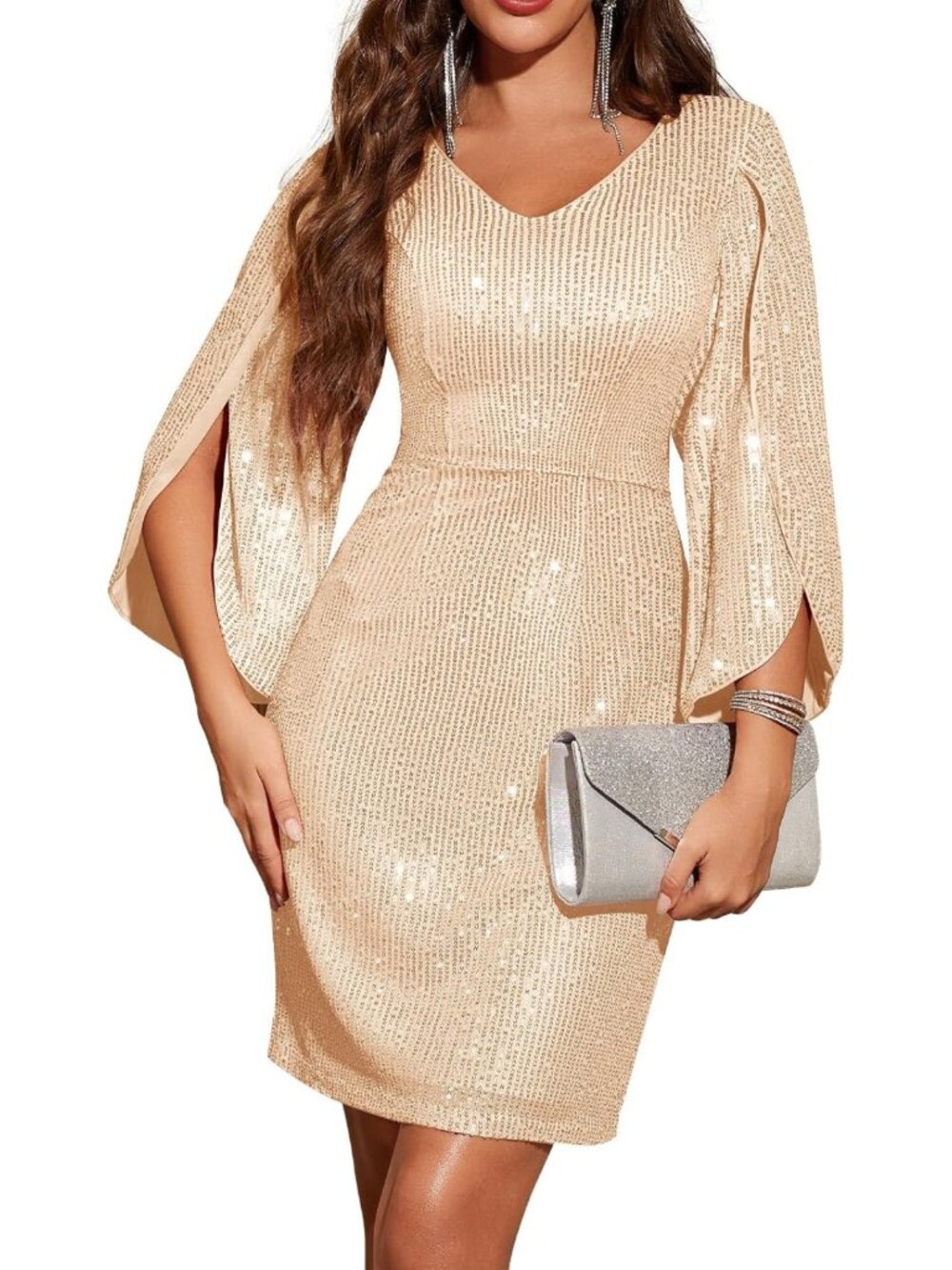 V-Neck Long Sleeve Sequin Cocktail Dress for Women - Perfect Party Outfit